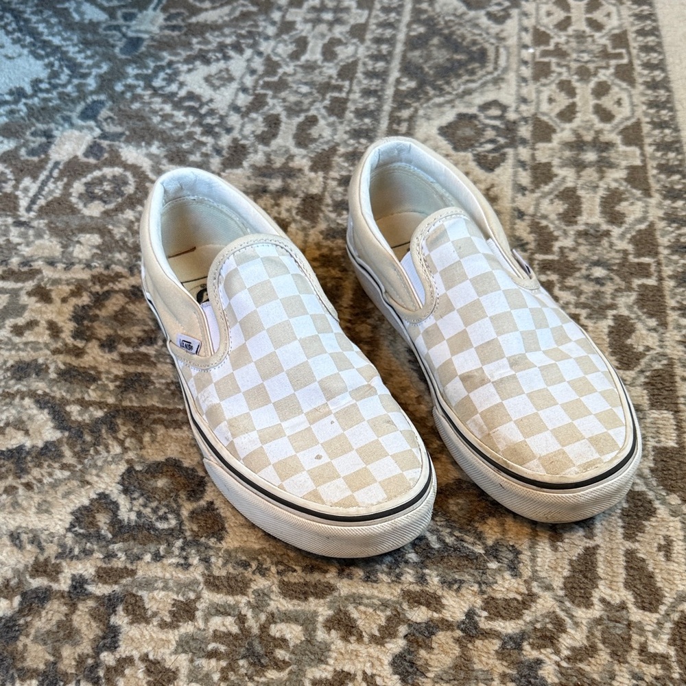Vans Beige and White Checkered Slip-Ons